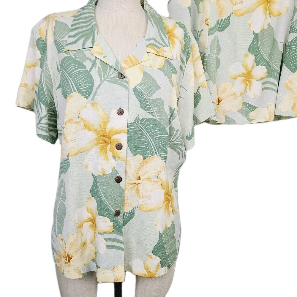 Hilo Hattie Top Skirt Set XL Green Yellow Floral Hawaiian Tropical Button-Front